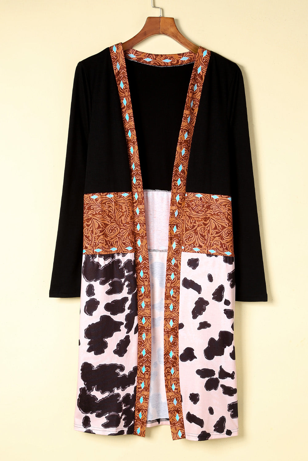 Pink Western Pattern Cow Patchwork Open Front Cardigan