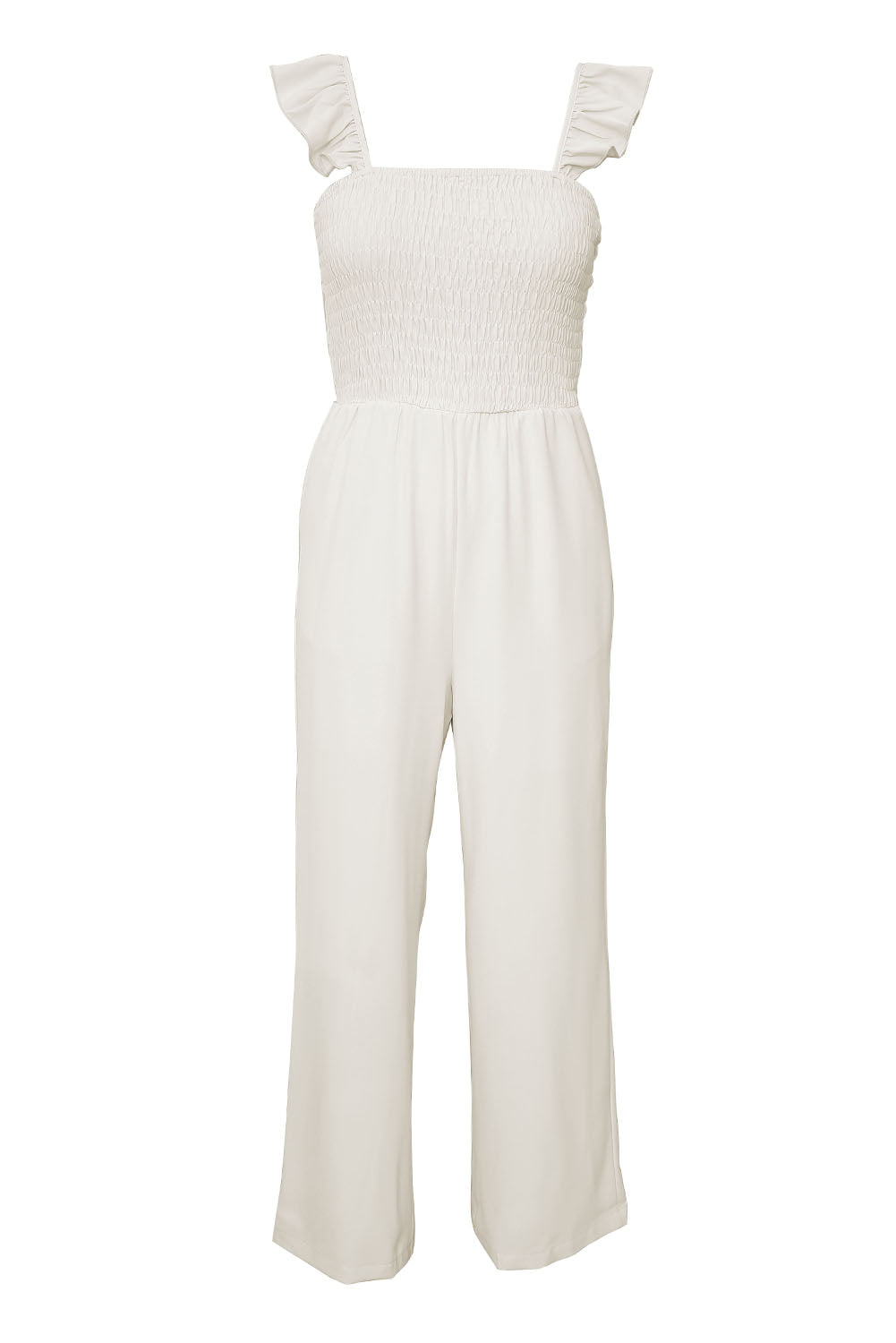 Apricot Smocked Ruffle Strap Pocket Wide Leg Jumpsuit