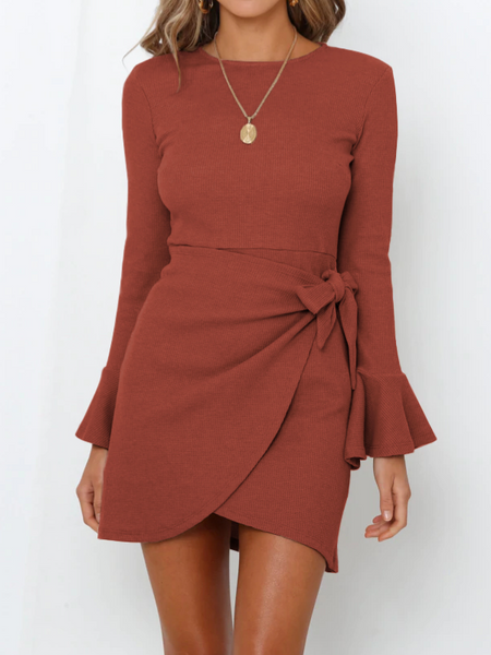 Flared Long Sleeve Slim Bow Dress HE8WKVVTSH