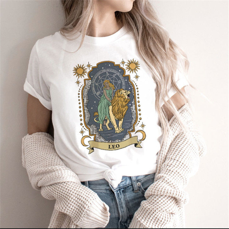 Fashion Moon Astrological Sign Round Neck Short Sleeved Graphic Print Tee Shirt