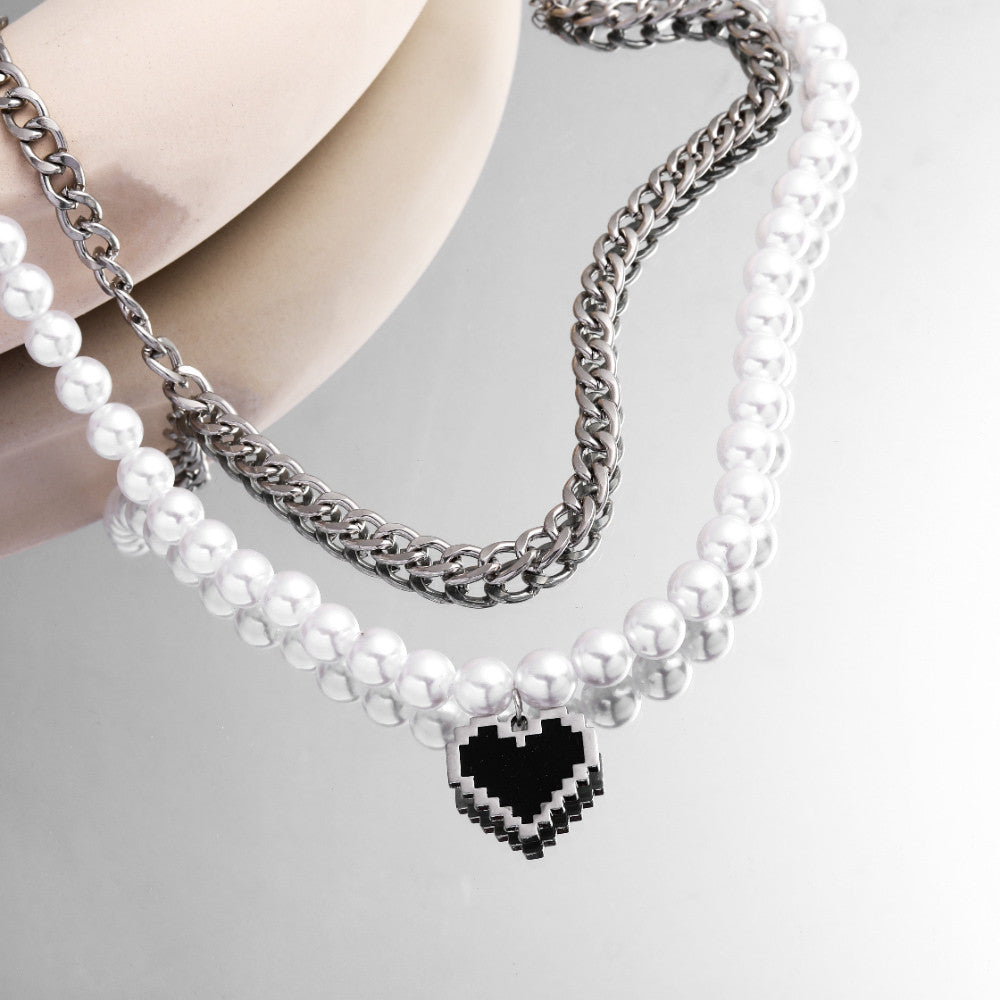 Novel and fashionable double-layer stitching chain with pearl love pendant punk style all-match necklace