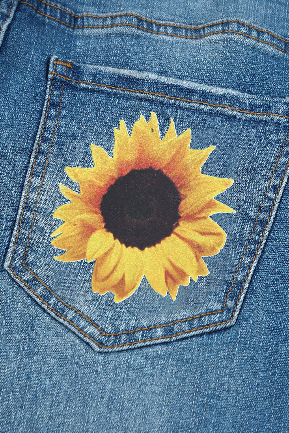 Blue Sunflower Print Ripped Mid Rise Straight Leg Graphic Jeans