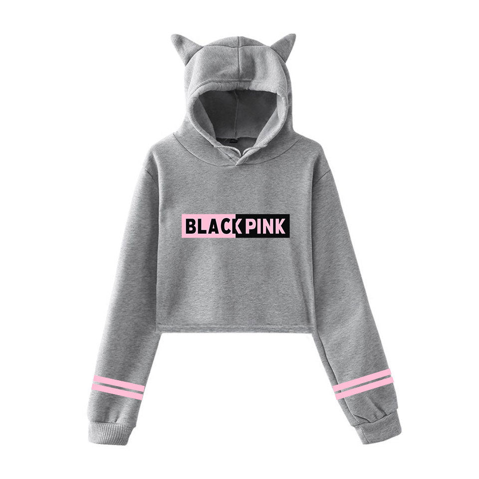 Printed Cat Ears Casual Crop Hood Sweatshirt