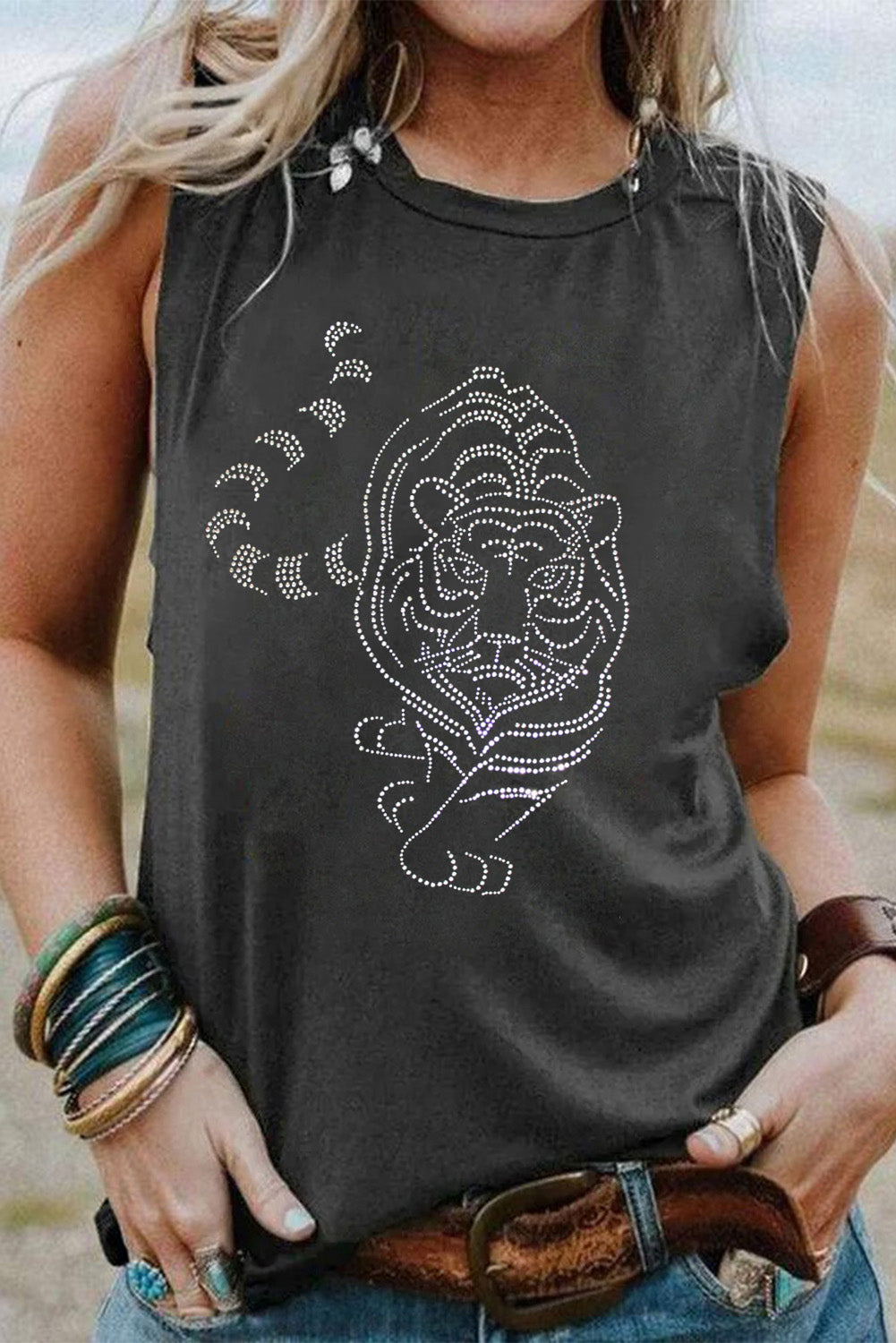 Gray Rhinestone Lively Tiger Graphic Tank Top