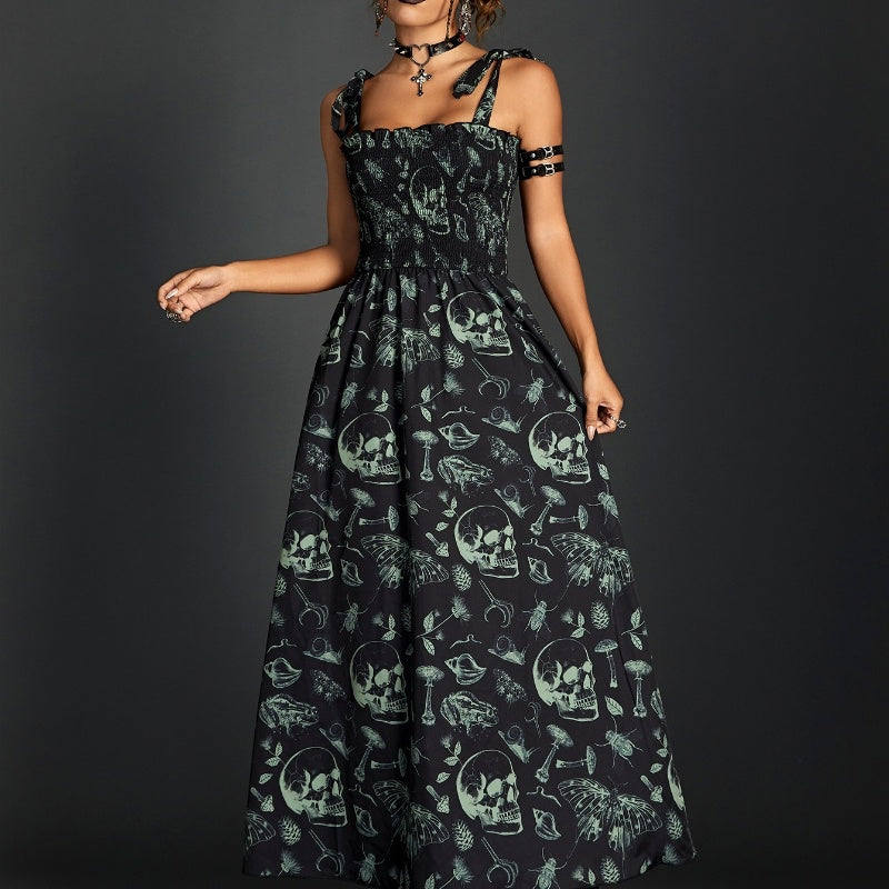 Witchcraft Skulls n Shrooms Boho Goth Tied Strap Rouched Maxi Dress