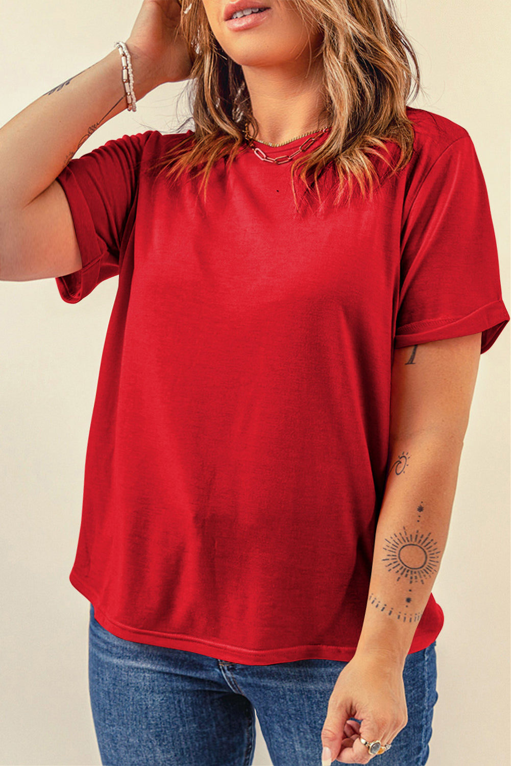 Rose Red Casual Plain Crew Neck Tee