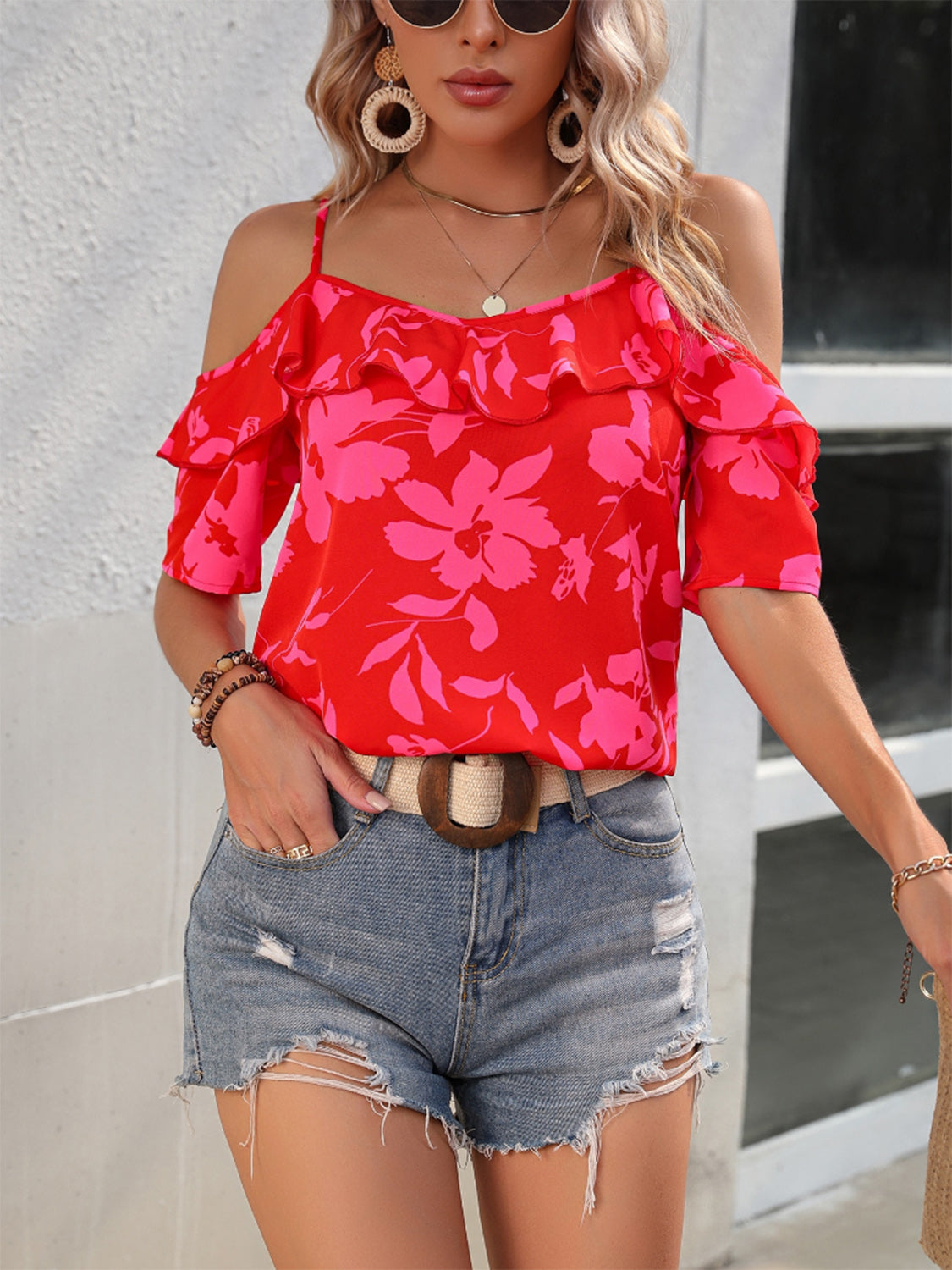 Ruffled Printed Short Sleeve Off Shoulder Blouse