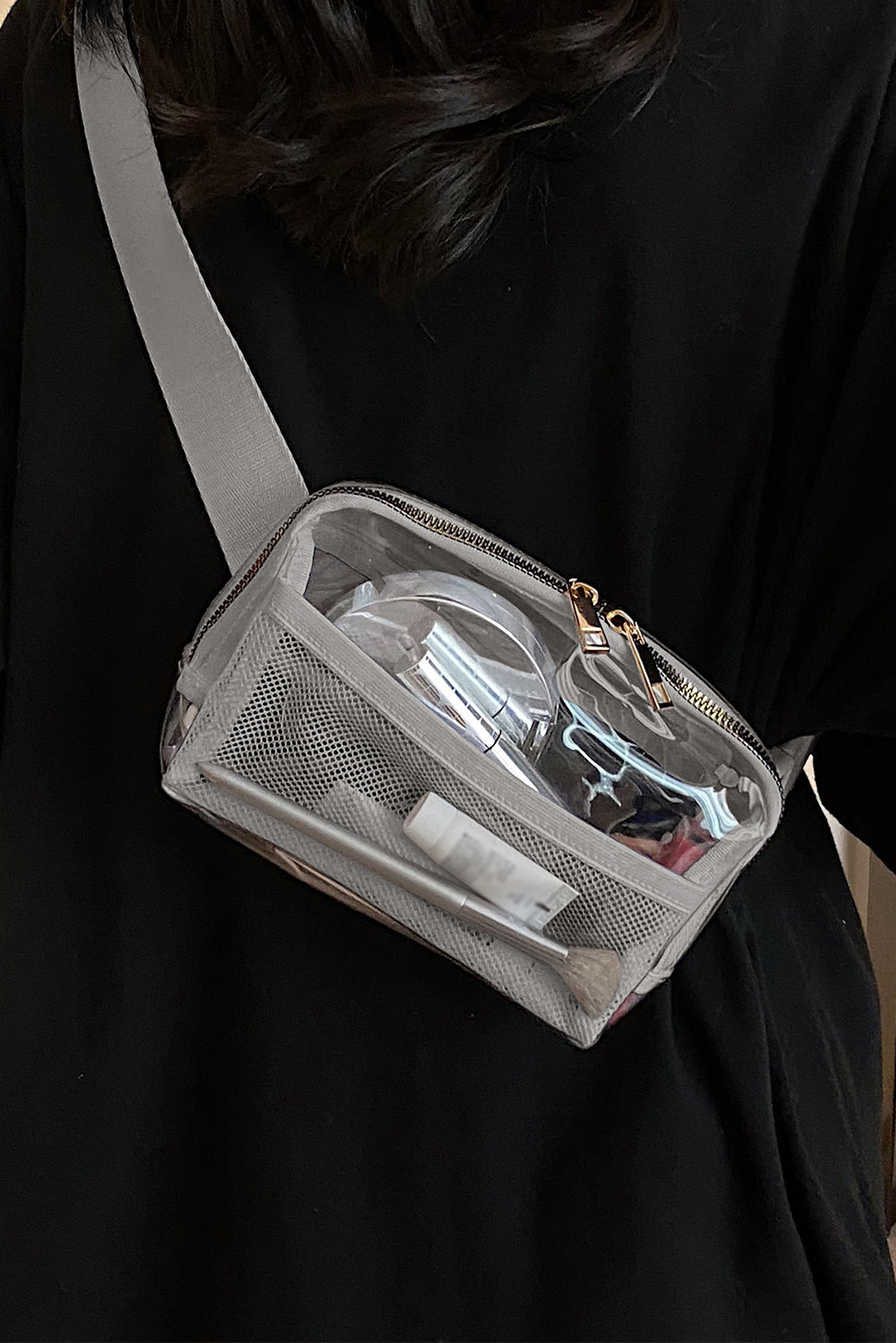 Dark Grey Adjustable Straps Zipper Clear Waist Bag