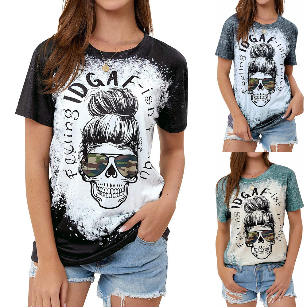 Skull Print Camo Sunglasses Funny Crew Neck Short Sleeve Graphic Print Tee Shirt