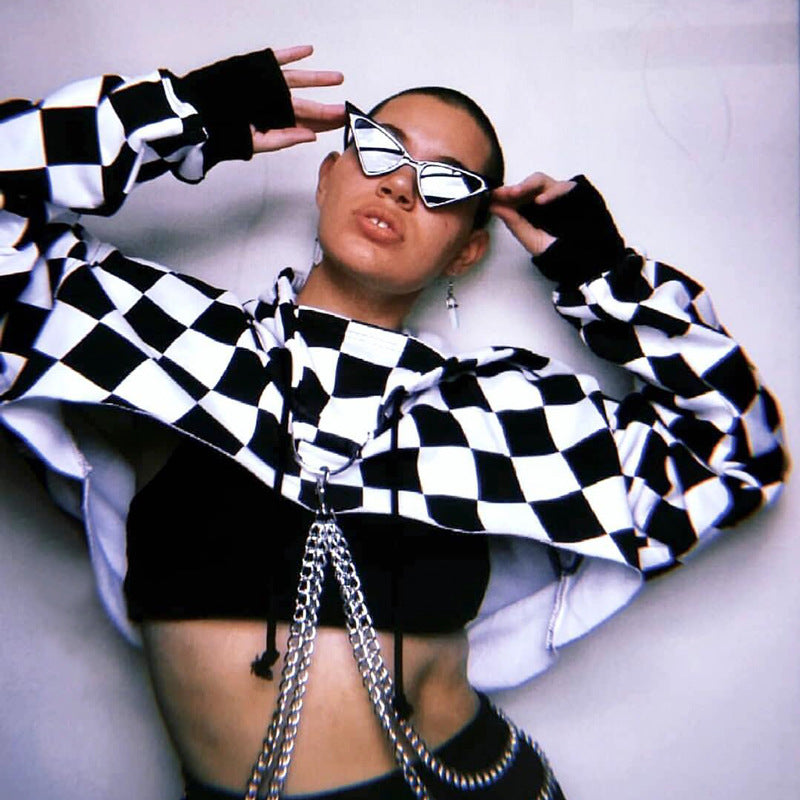 Checkered punk crop hoodie sweatshirt