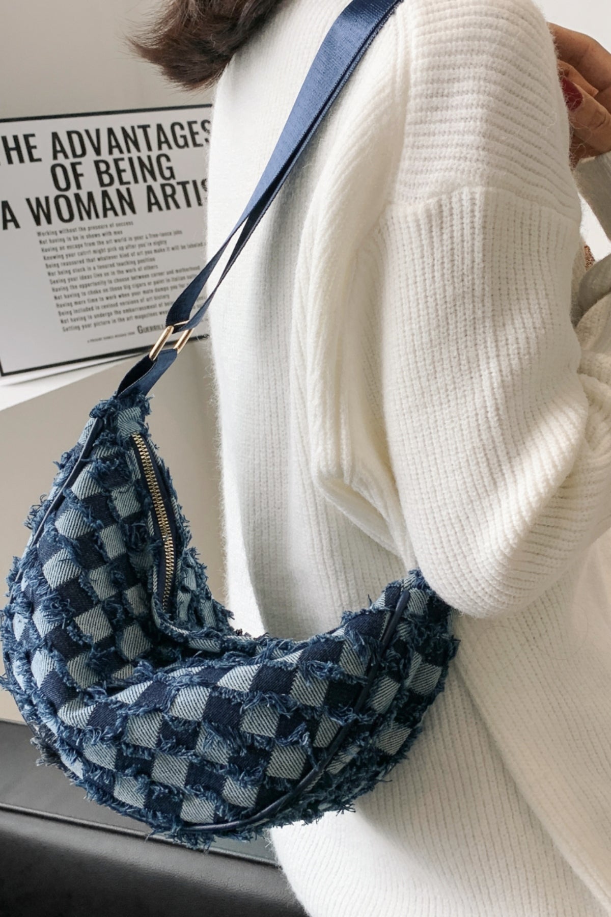 Raw Hem Checkered Denim Crossbody Bag