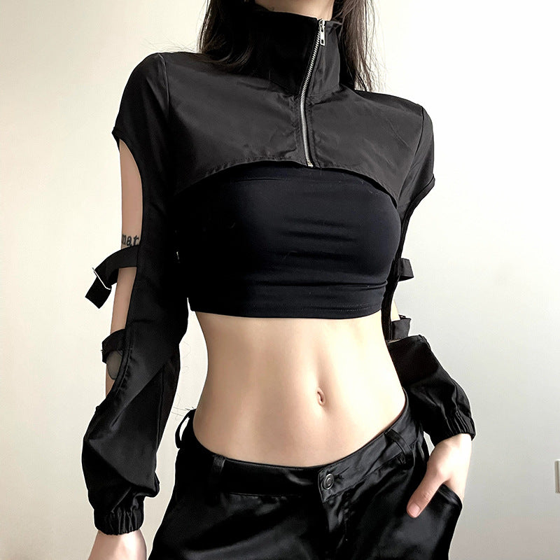 Dark Style Irregular Short Cropped Zip Collar Top Buckled Open Lantern Sleeve