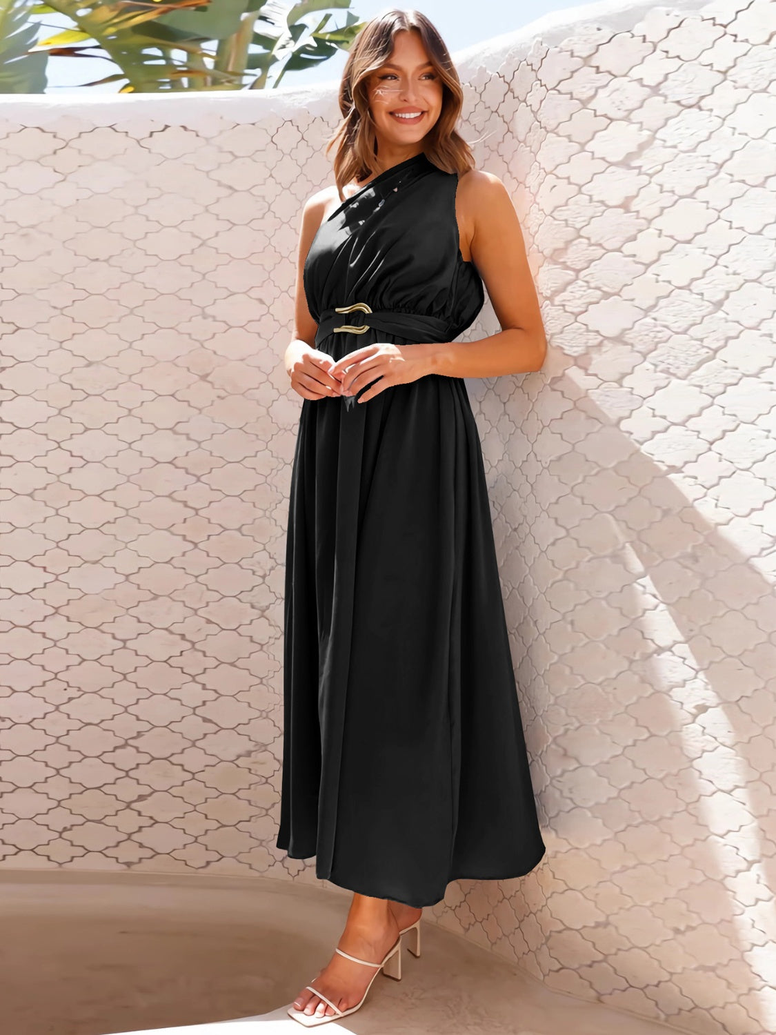 Single Shoulder Basic Boho Midi Dress