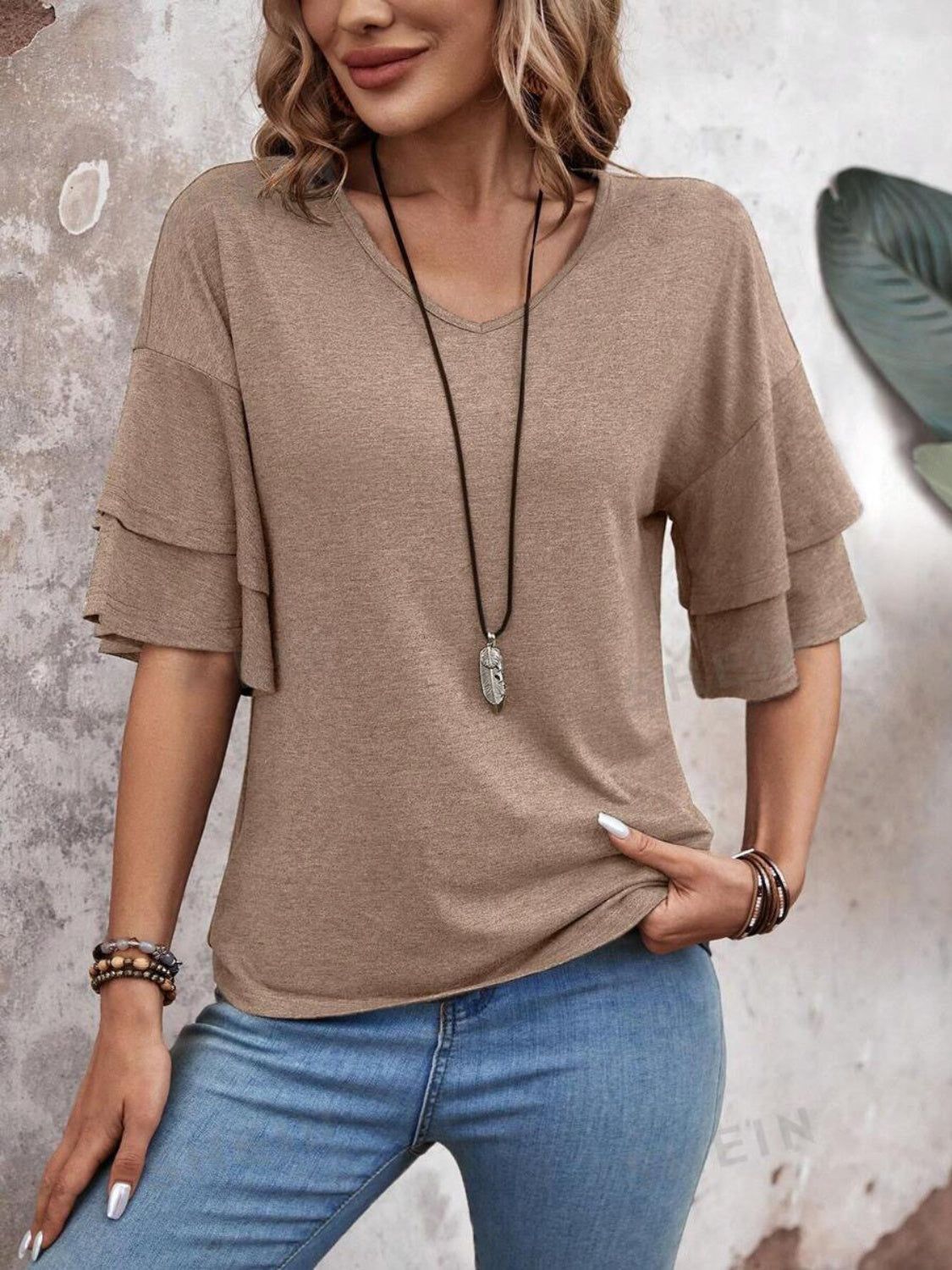 V-Neck Half Sleeve Ruffle Blouse