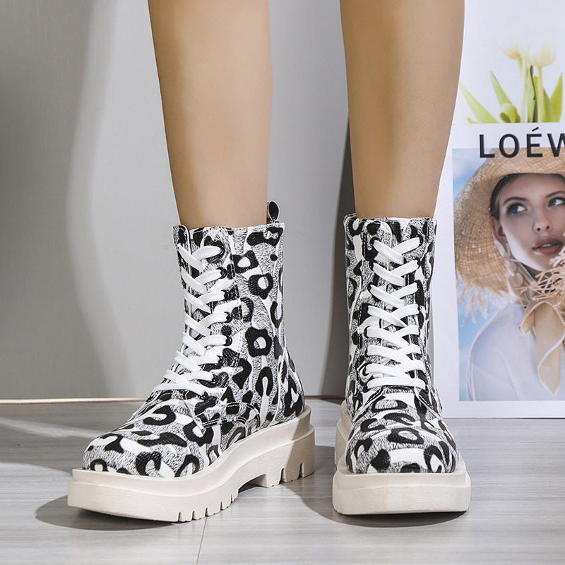 Women’s Black White Leopard Print Low Heel Boots