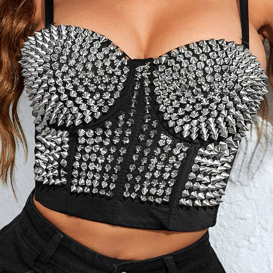 Studded Spaghetti Strap Rhinestone Bustier Style Crop Top Festival Fashion