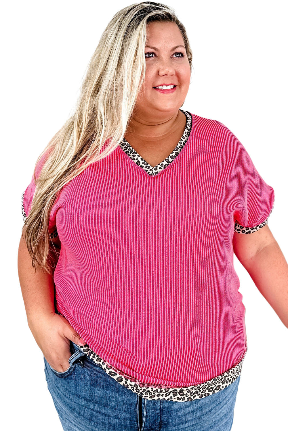 Rose Red Leopard Trim V Neck Short Sleeve Plus Size Corded Top