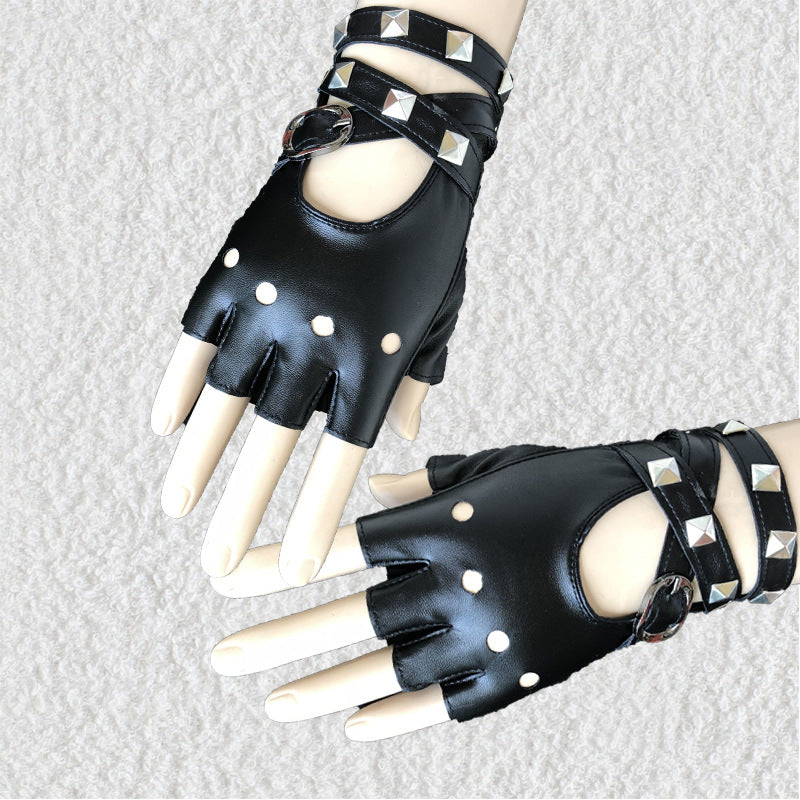 Punk Rock Fingerless Wrist Strap Wrap Cosplay PU Gloves