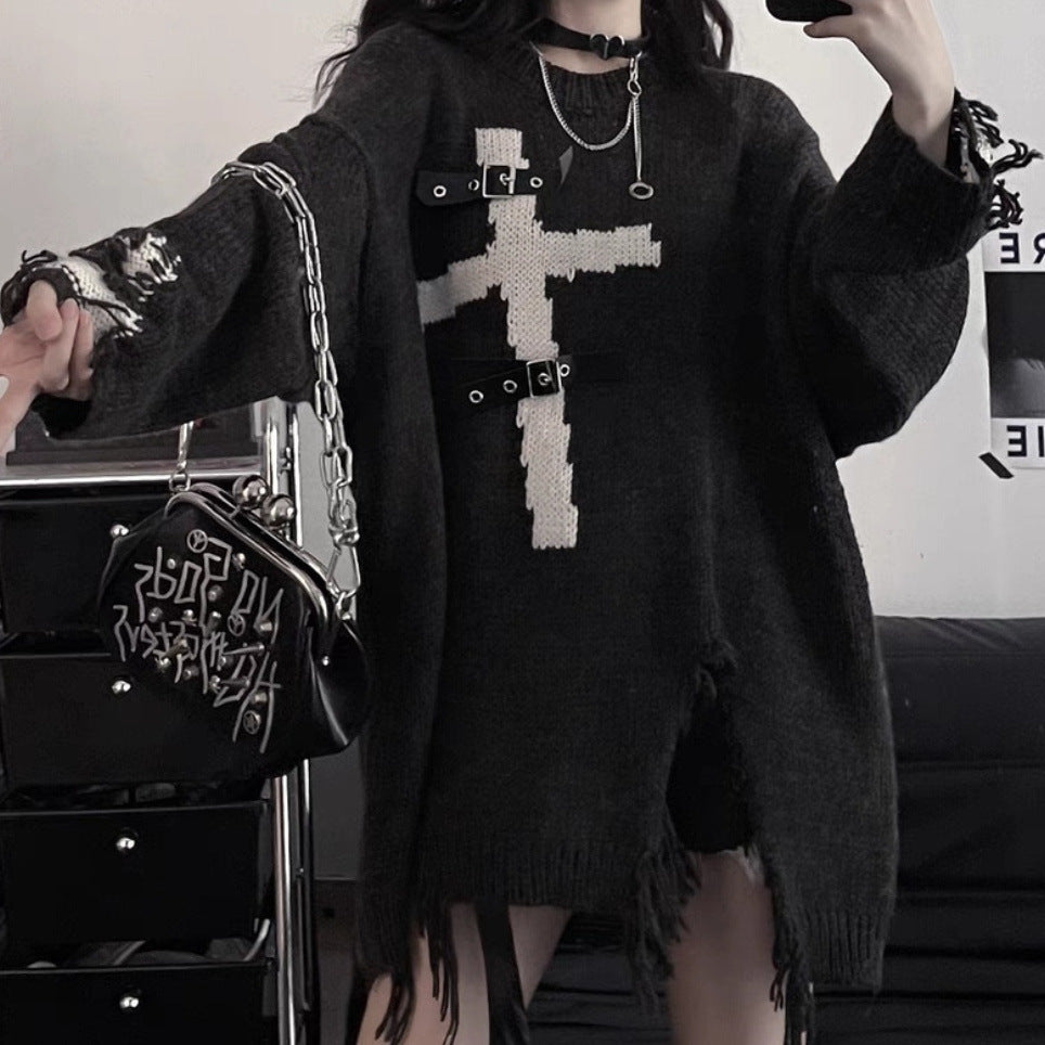 Asian Culture Punk Dark Cross Loose Sweater