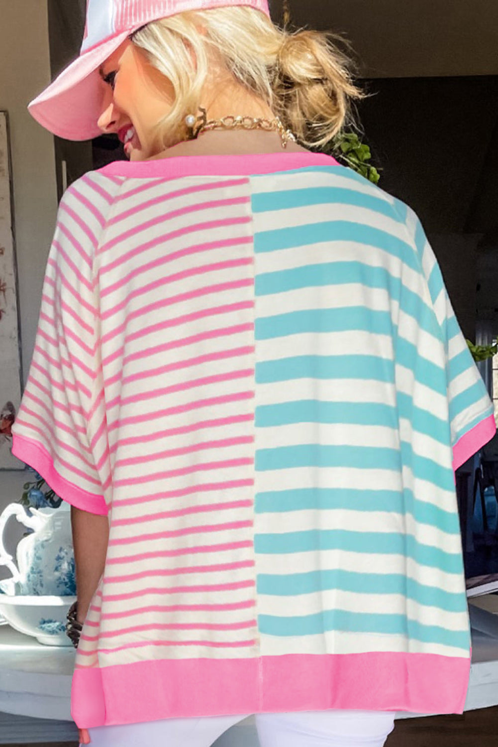 Blue Stripe Contrast Patchwork Oversized T Shirt