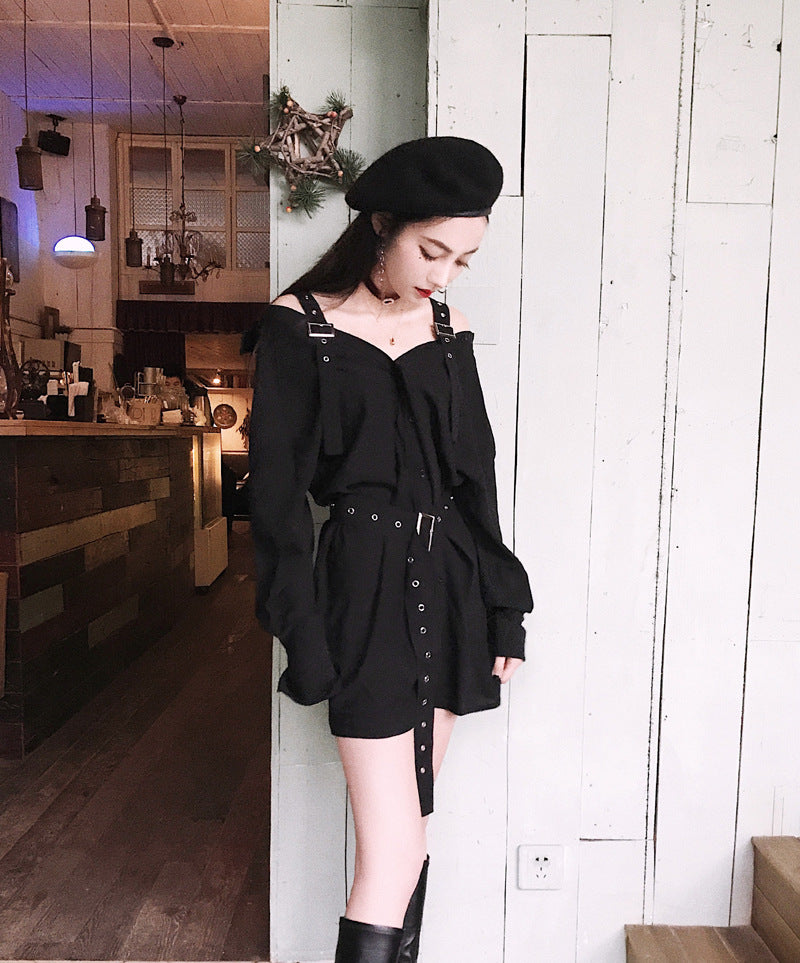 Gothic Buckle Belt Off The Shoulder Shirt Dress