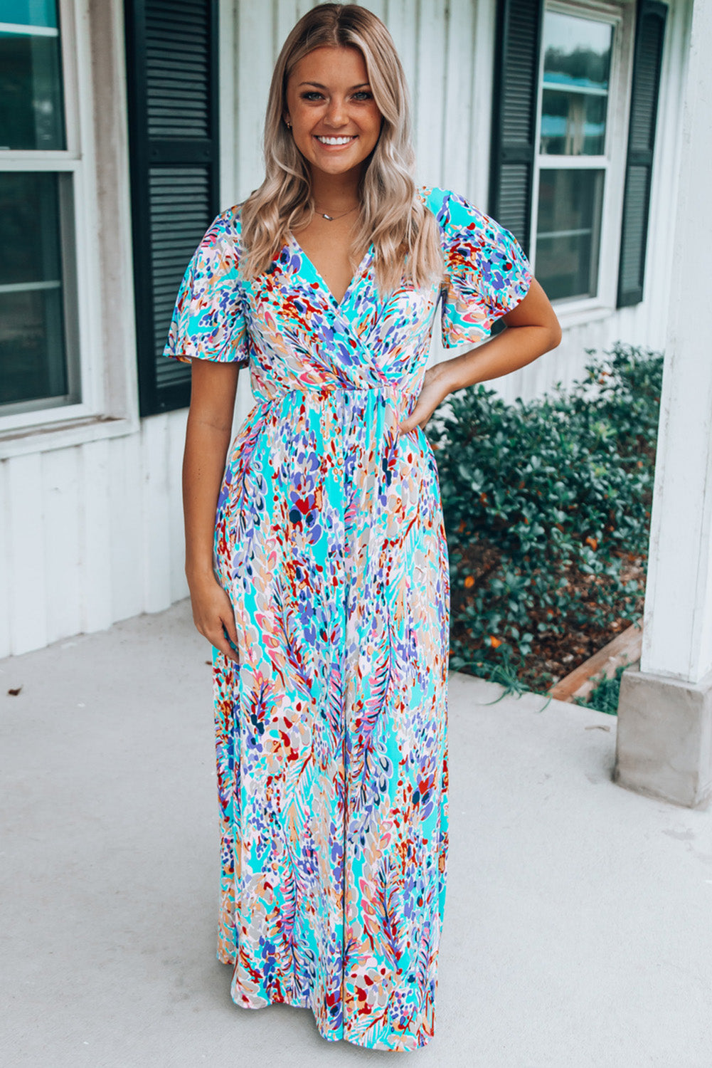 Rose Wrap V Neck Floral Maxi Dress