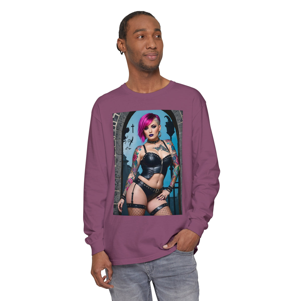 Goth Graveyard Girl Series - Design Six - Unisex Garment-dyed Long Sleeve T-Shirt