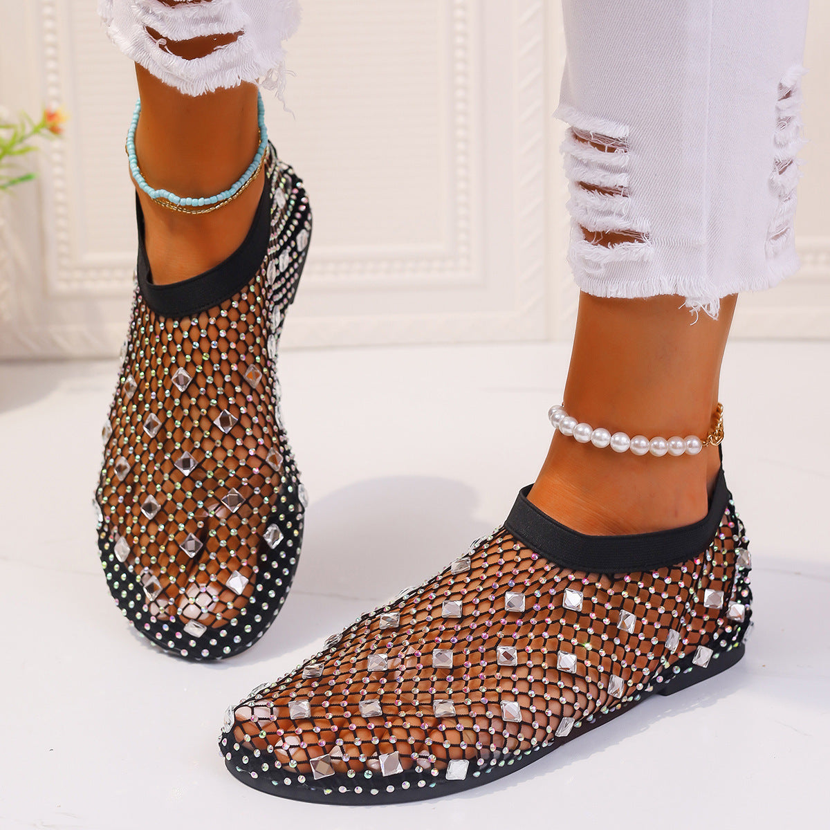 Fashion Mesh Flat Sandals With Colorful Rhinestone Design Round Toe Beach Shoes