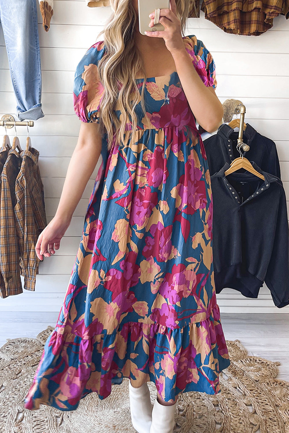 Boho Square Neck Bubble Sleeve Ruffled Floral Dress