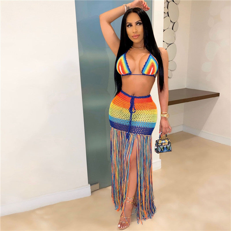 Rainbow Crochet Bikini Top And Tassel Fringe Skirt Sexy 2 Piece Outfit Swimwear Set