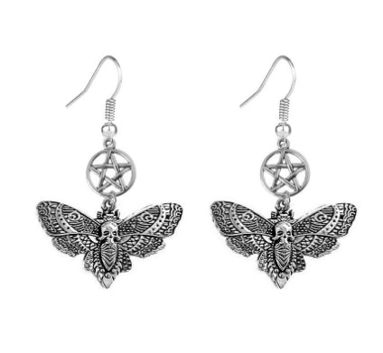 Gothic Silver Skull Moth Earrings