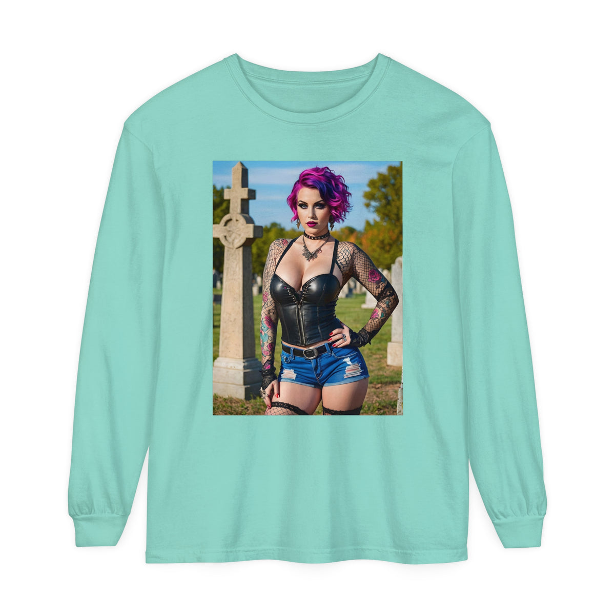 Goth Graveyard Girl - Design Fourteen- Unisex Garment-dyed Long Sleeve T-Shirt