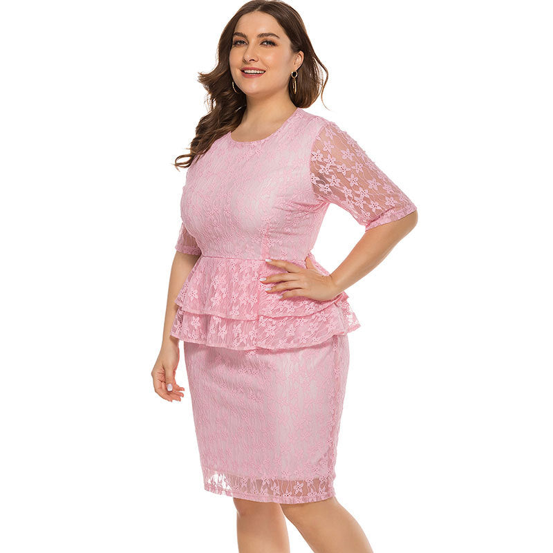 Plus Size Full Lace Peplum Waist Three Quarter Sleeve Midi Length Elegant Dress