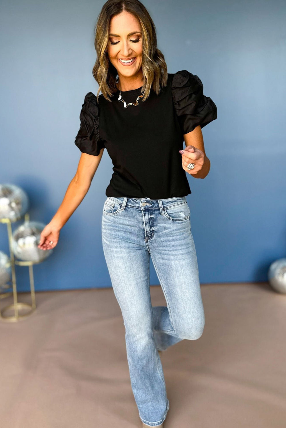 Black Ruched Puff Sleeve Solid Color Blouse