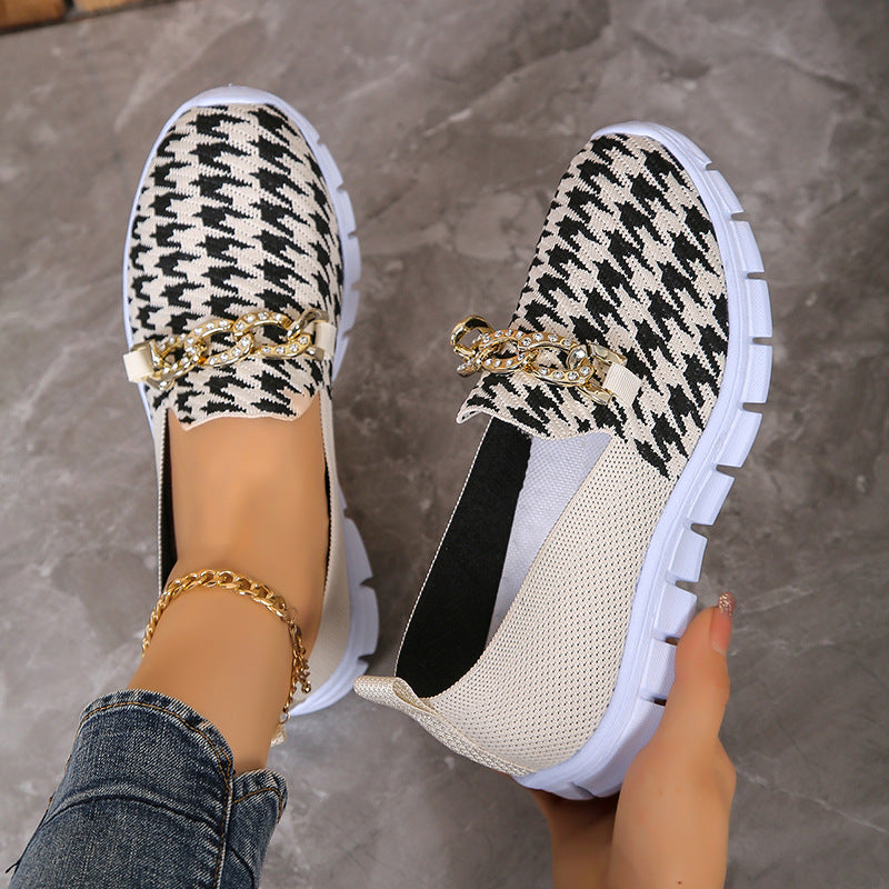 Houndstooth Print Chain Mesh Slip On Loafer Shoe Style Casual Sneakers