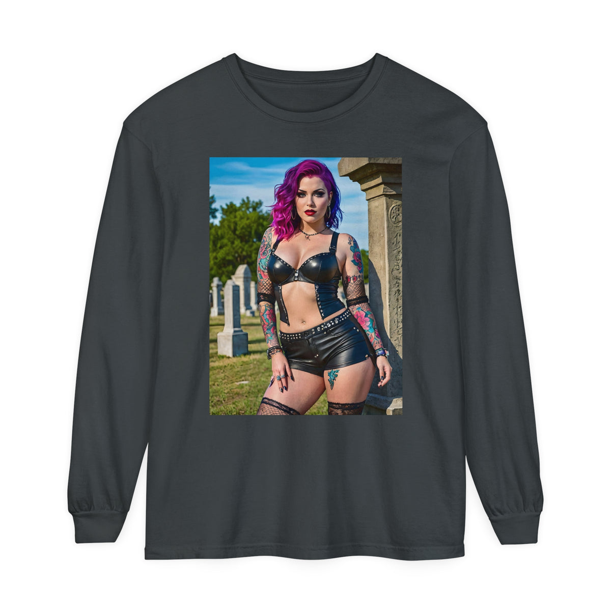 Goth Graveyard Girls Series - Design One - Unisex Garment-dyed Long Sleeve T-Shirt