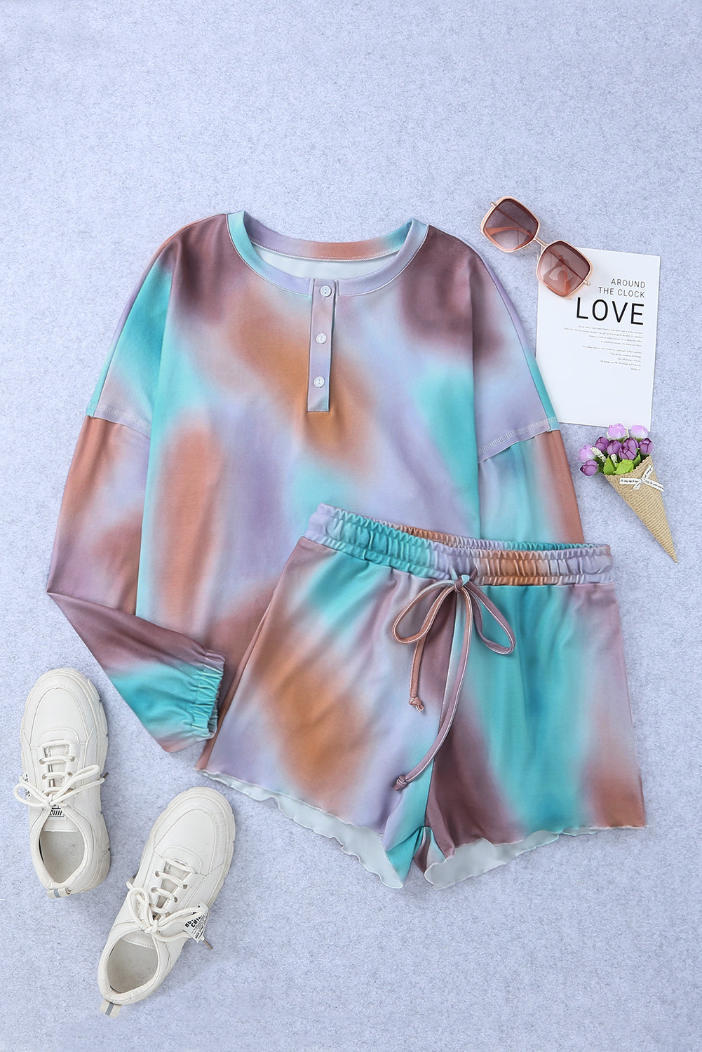 Multicolor Tie Dye Top & Drawstring Shorts Loungewear Set