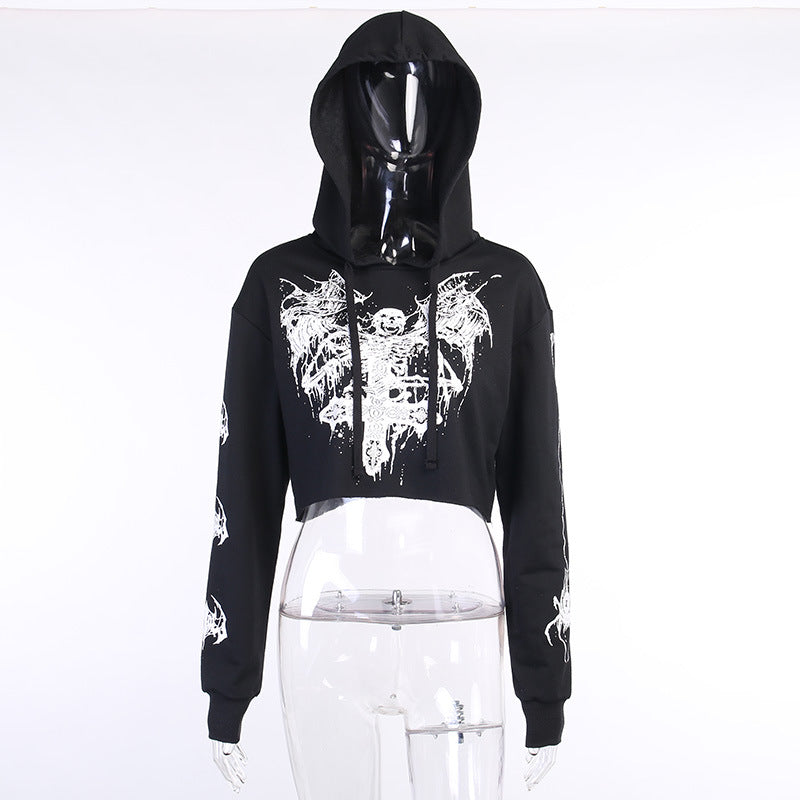 Skull Graphic Printed Cropped Top Hoodie