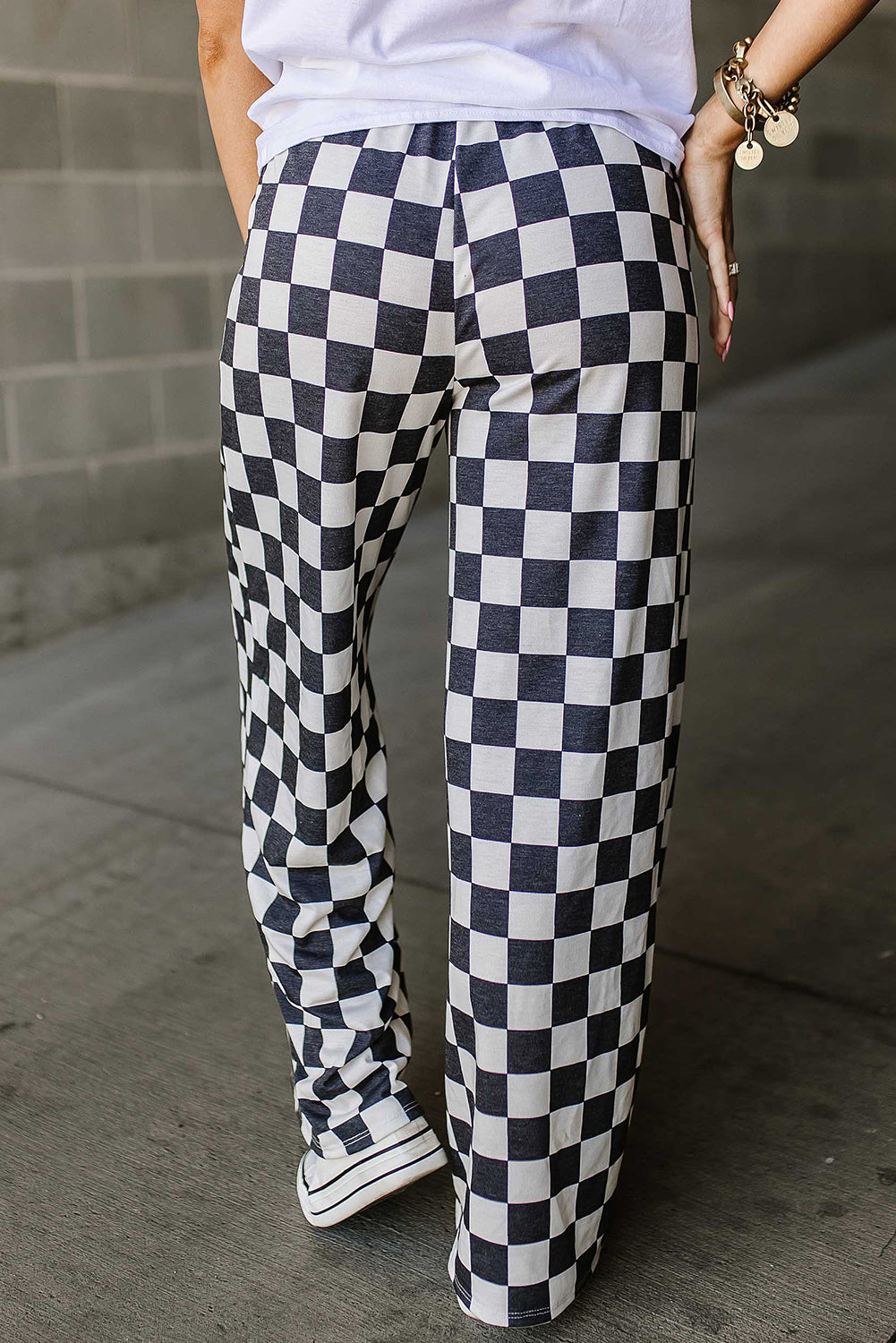 Pink Checkered Wide Leg Pants With Pockets