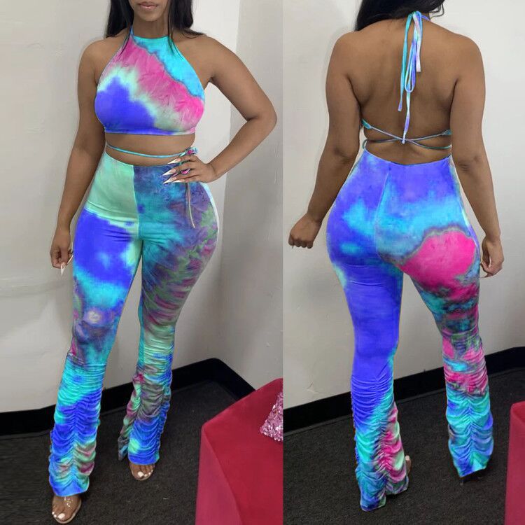 Two-piece Thin Fabric Tie Dye Print Crop Top And Rouched bottom Leggings Two Piece Outfit Set