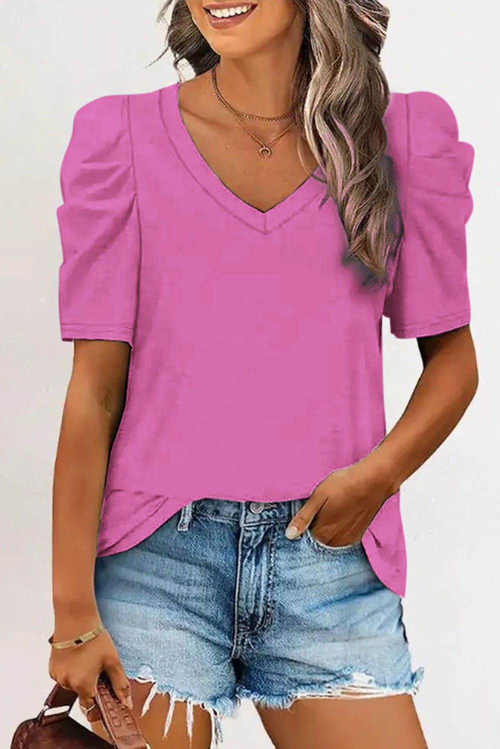 Black Puff Sleeve Casual V Neck T-Shirt