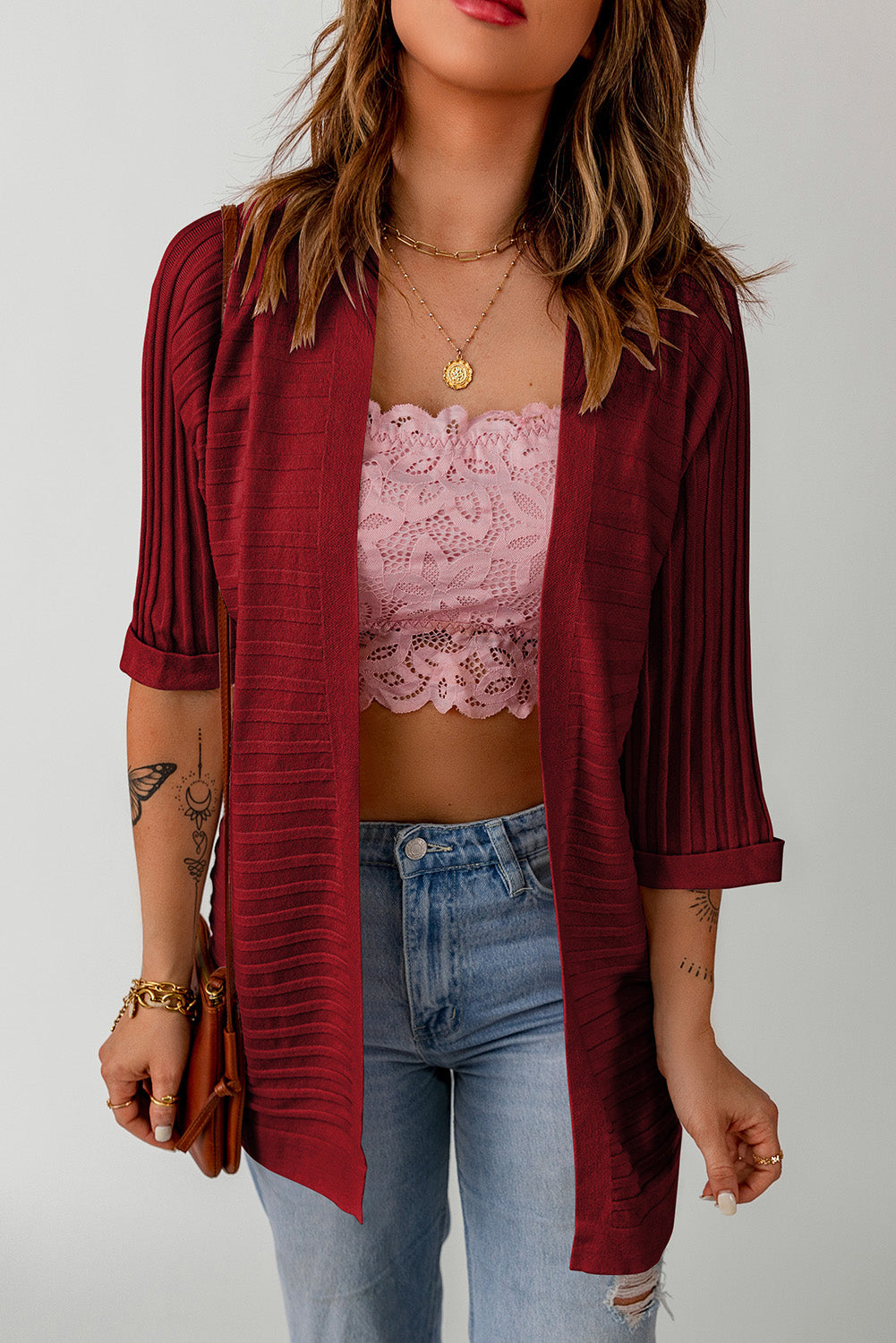 Red Ribbed Half Sleeve Open Front Knit Cardigans