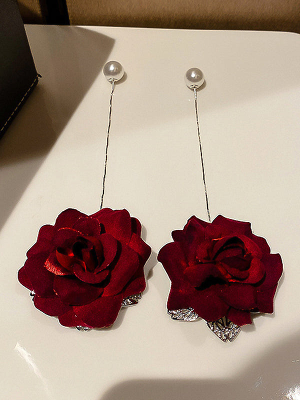 Vintage Elegance Red Rose Floral Pearl Drop Earrings