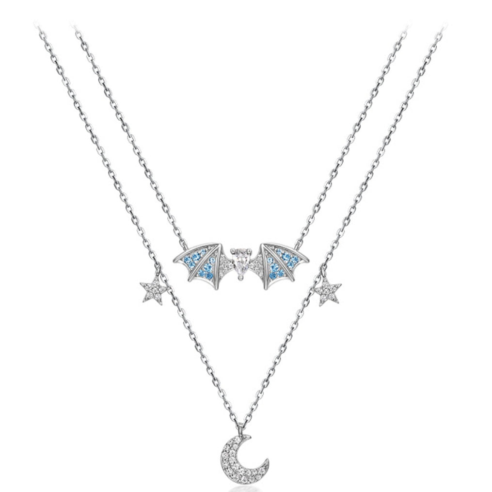 Double Clavicle Bats Stars and Moon Layered Necklace