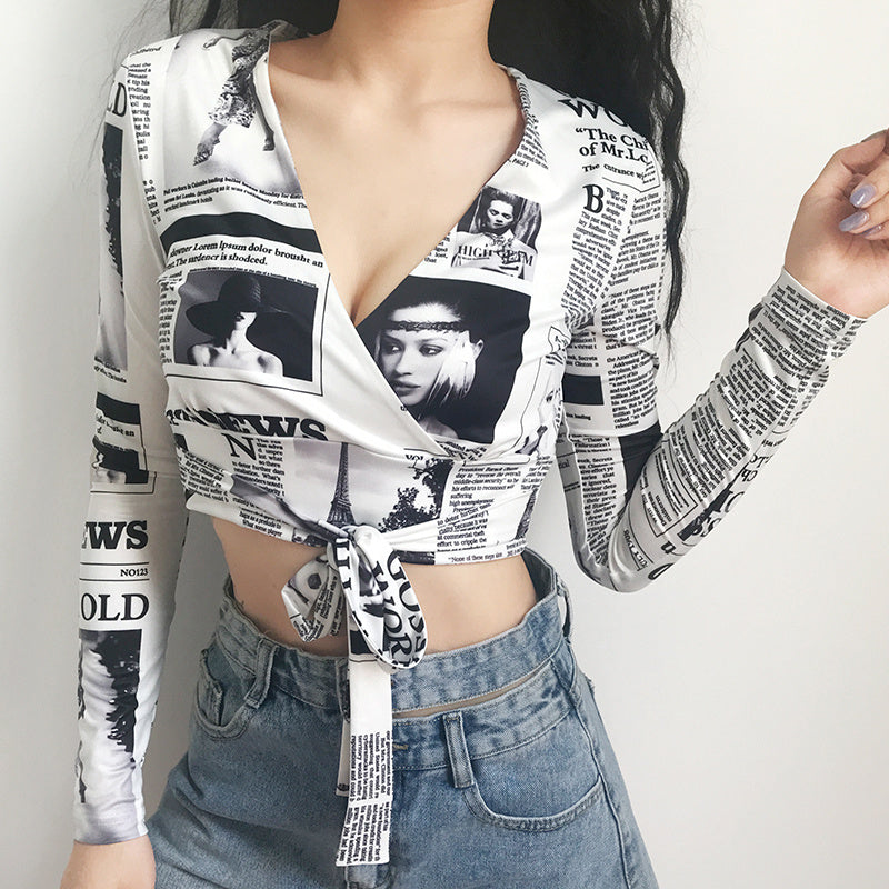 Sexy Printed Newspaper Style Graphic All Over Print Tie Front Long Sleeve Nightclub Style Crop Top