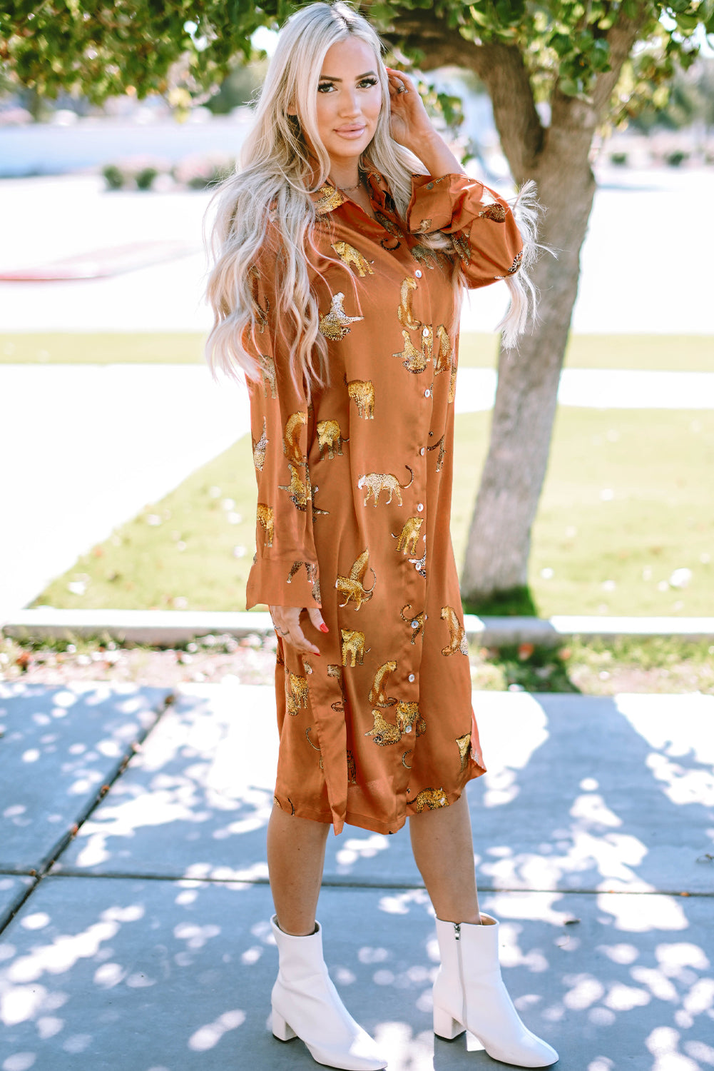 Blue Printed Zebra Pattern Pleated Shirt Tunic Dress