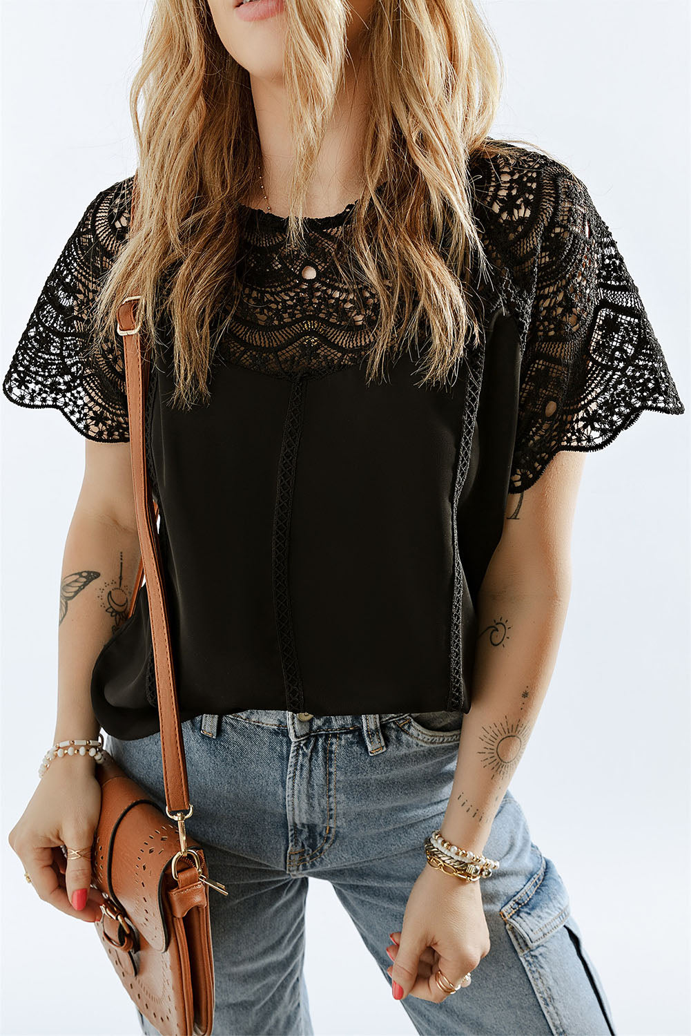 Black Lace Crochet Patchwork Casual Short Sleeve Blouse