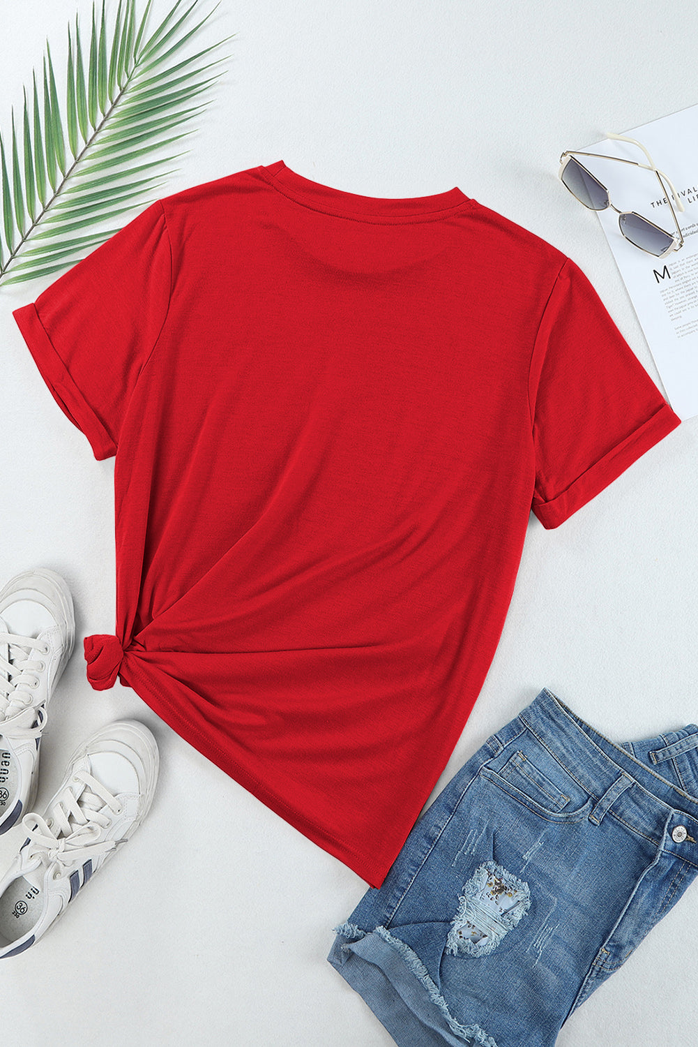 Rose Red Casual Plain Crew Neck Tee