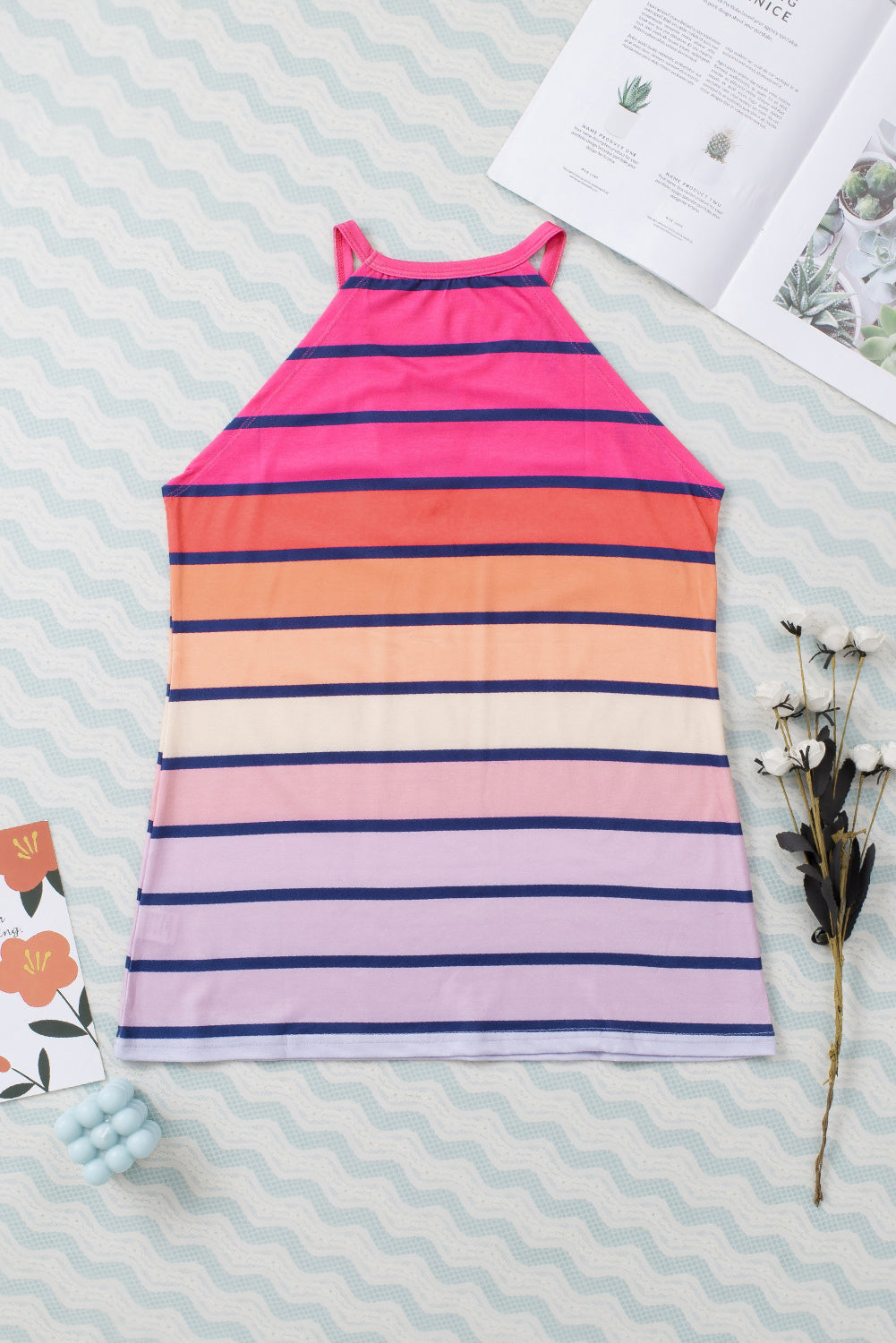 Multicolor Ombre Tie Dye & Striped Print Keyhole Neck Camisole