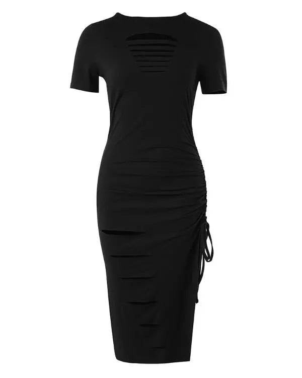 Ladder Cutout Drawstring Ruched High Slit Dress